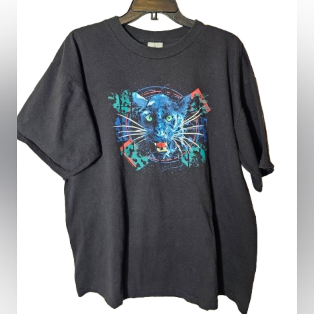 Alore Black Vintage T-Shirt with Blue Panther Graphic Size XL *see Defects
